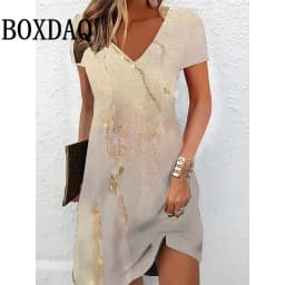 Elegant Women's Midi Dresses 2025 New Summer Fashion V-Neck 3D Printed Dress Casual Tie Dye Gradient Loose A-Line Dress Vestidos