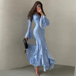 Elegant Floral Print Ruffle Hem Dress Women's V-Neck Flare Sleeve Bodycon Ankle-length Dresses 2026 Summer New Lady Evening Wear