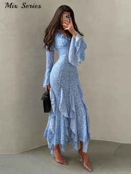 Elegant Floral Print Ruffle Hem Dress Women's V-Neck Flare Sleeve Bodycon Ankle-length Dresses 2026 Summer New Lady Evening Wear