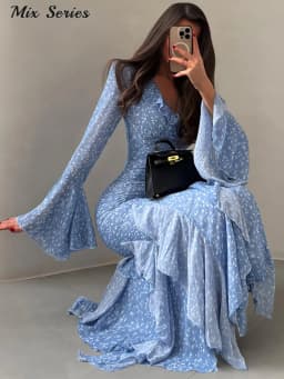 Elegant Floral Print Ruffle Hem Dress Women's V-Neck Flare Sleeve Bodycon Ankle-length Dresses 2026 Summer New Lady Evening Wear