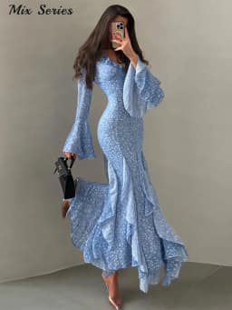 Elegant Floral Print Ruffle Hem Dress Women's V-Neck Flare Sleeve Bodycon Ankle-length Dresses 2026 Summer New Lady Evening Wear