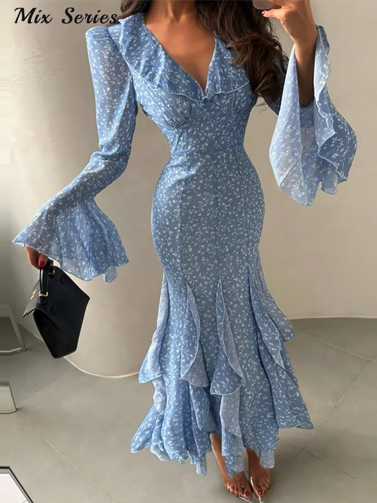 Elegant Floral Print Ruffle Hem Dress Women's V-Neck Flare Sleeve Bodycon Ankle-length Dresses 2026 Summer New Lady Evening Wear