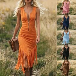 New Women's Sexy Zip Front Tassel Party Dress 2026 Spring Vintage Solid Slim Bodycon Dress Summer Sleeveless Hollow Long Dresses