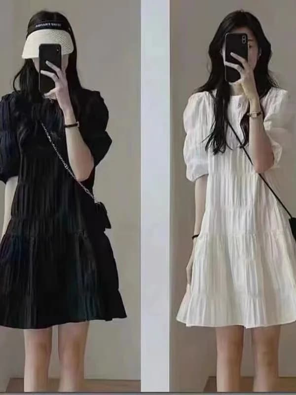 Summer 2025 Design Sensation Bubble Short Sleeve Dress Women's Elegant Skirt Commute Style Pleated High Waist A-Line Dress