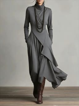 Vintage Irregular Cross Dress for Women Long Sleeve Solid Turtleneck Simple Fashion Casual Spring Holiday Long Dresses