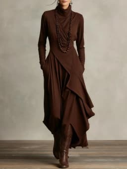 Vintage Irregular Cross Dress for Women Long Sleeve Solid Turtleneck Simple Fashion Casual Spring Holiday Long Dresses