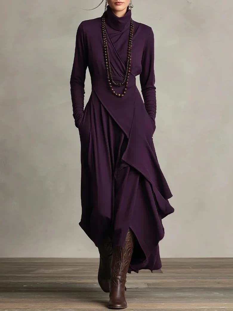 Vintage Irregular Cross Dress for Women Long Sleeve Solid Turtleneck Simple Fashion Casual Spring Holiday Long Dresses