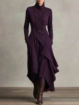 Vintage Irregular Cross Dress for Women Long Sleeve Solid Turtleneck Simple Fashion Casual Spring Holiday Long Dresses