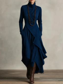 Vintage Irregular Cross Dress for Women Long Sleeve Solid Turtleneck Simple Fashion Casual Spring Holiday Long Dresses