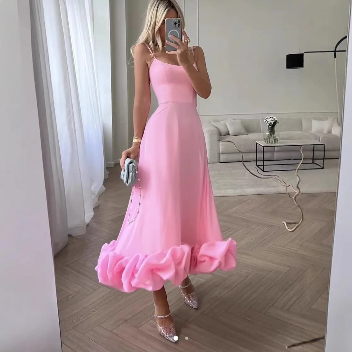 Women's Solid Color Spaghetti Strap Midi Dress Ruffled Hem Fitted A-Line Gown Elegant Party Dress For Dating & Evening Event