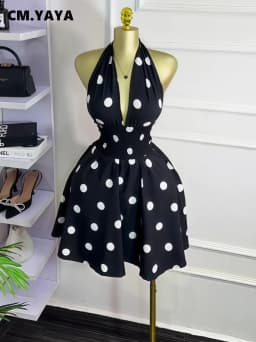 CM.YAYA Women Dot Printed Sleeveless Halter V-neck Big Swing A-line Mini Dress 2025 Summer Vacation Sexy Party Evening Dresses