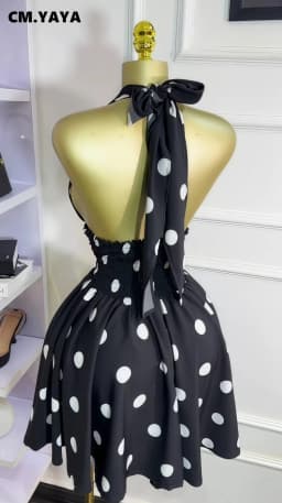 CM.YAYA Women Dot Printed Sleeveless Halter V-neck Big Swing A-line Mini Dress 2025 Summer Vacation Sexy Party Evening Dresses