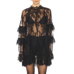 Women's See Through Lace Dress Long Sleeve Crew Neck Casual Loose Sheer Dress Vacation Beach Cocktail Mini Dresses