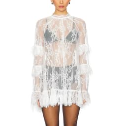 Women's See Through Lace Dress Long Sleeve Crew Neck Casual Loose Sheer Dress Vacation Beach Cocktail Mini Dresses