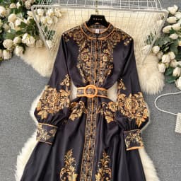 Elegant Blue And White Porcelain Flower Print Dresses Women Stand Collar Lantern Long Sleeve Belt Vintage Single Breasted Robe