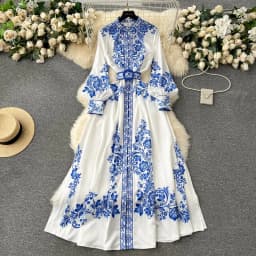 Elegant Blue And White Porcelain Flower Print Dresses Women Stand Collar Lantern Long Sleeve Belt Vintage Single Breasted Robe
