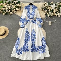 Elegant Blue And White Porcelain Flower Print Dresses Women Stand Collar Lantern Long Sleeve Belt Vintage Single Breasted Robe