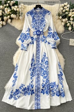 Elegant Blue And White Porcelain Flower Print Dresses Women Stand Collar Lantern Long Sleeve Belt Vintage Single Breasted Robe