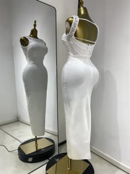 Woman White Birthday Bandage Dress Elegant Pearls Rhinestones Embroidery Tassel Back Bodycon Long Evening Party Cocktail Dresses