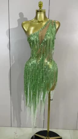 Women Sparkly Rhinestones Tassel Green One Shoulder Sexy See-Through Dress Latin Dance Outfits Bar Nightclub Party Stage Costume