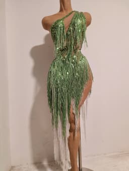 Women Sparkly Rhinestones Tassel Green One Shoulder Sexy See-Through Dress Latin Dance Outfits Bar Nightclub Party Stage Costume