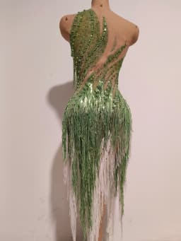 Women Sparkly Rhinestones Tassel Green One Shoulder Sexy See-Through Dress Latin Dance Outfits Bar Nightclub Party Stage Costume