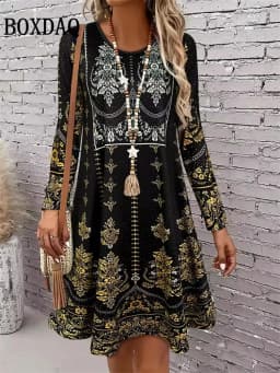 Women's Clothing Autumn Women Retro Flowers Dress Summer Vintage Causal Fashion Long Sleeve Floral 3D Printed Loose Dresses 2025