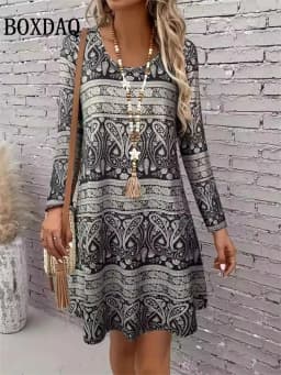 Women's Clothing Autumn Women Retro Flowers Dress Summer Vintage Causal Fashion Long Sleeve Floral 3D Printed Loose Dresses 2025
