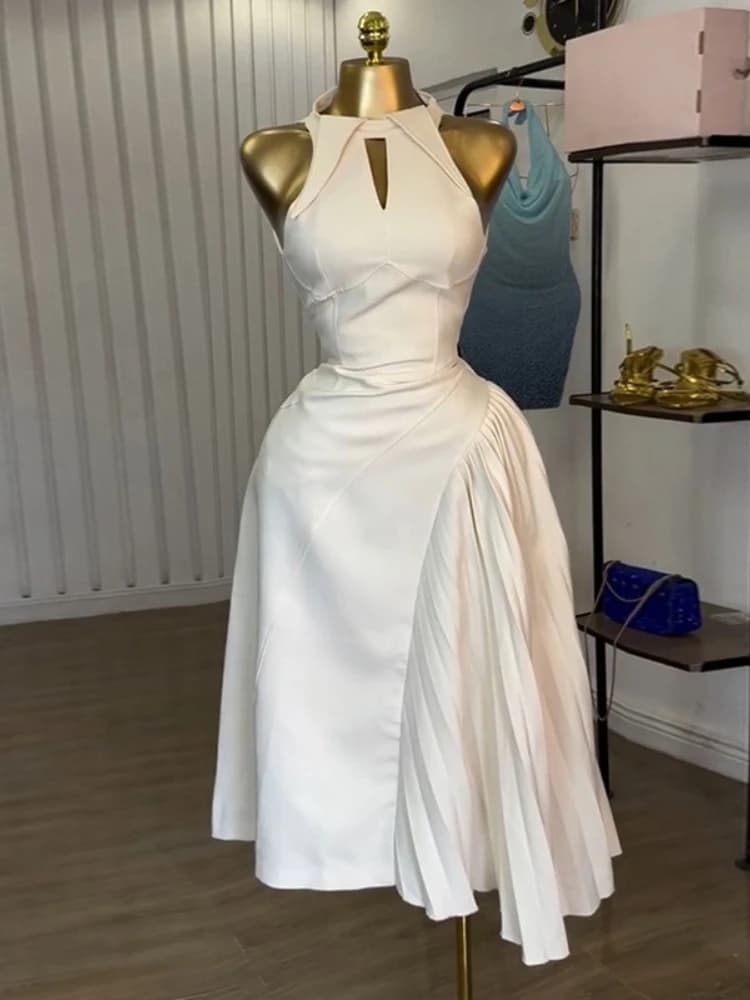 Fashion Sleeveless Midi Dresses for Women with Pleated Asymmetrical and Hollow Out Perfect for Cocktail Parties or Wedding Guest