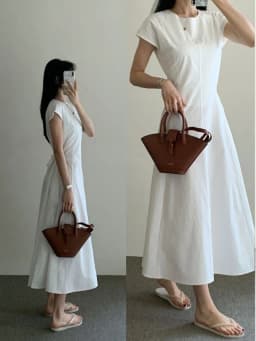 Minimalist Korean round Neck Waist-Cinching Dress Women's Summer New Style Short Sleeve Long Dress Simple Elegant Fashionable