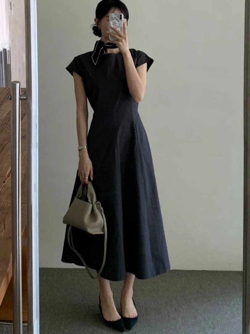Minimalist Korean round Neck Waist-Cinching Dress Women's Summer New Style Short Sleeve Long Dress Simple Elegant Fashionable