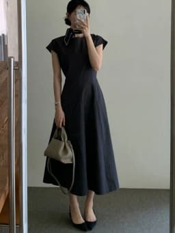 Minimalist Korean round Neck Waist-Cinching Dress Women's Summer New Style Short Sleeve Long Dress Simple Elegant Fashionable
