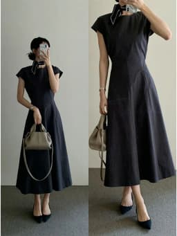 Minimalist Korean round Neck Waist-Cinching Dress Women's Summer New Style Short Sleeve Long Dress Simple Elegant Fashionable