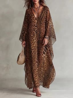 Vintage Chiffon Leopard Dress Deep V Neck Batwing Sleeve Maxi Caftan Dress Casual Loose Summer Beach Cover Up Dresses for Women