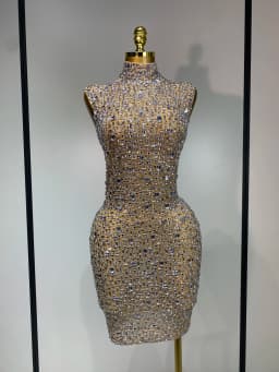 Women Luxury Gold Rhinestone Sexy Mesh Short Dress Sparkly Stage Costume Elegant Party Birthday  Dresses Nightclub Singer Outf