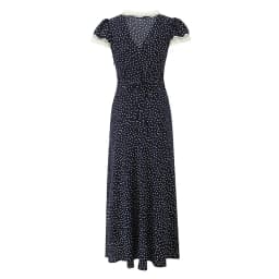 YENKYE 2025 Women Navy Blue Polka Dot Long Dress Lace Trim V Neck Short Sleeve A-line Elegant Holiday Dresses Summe Maxi Robe