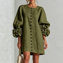 3D Flower Cuff Mini Dress Women Round Neck Bubble Long Sleeve Buttons Loose Solid Dress Elegant Wedding Guest Casual Short Dress