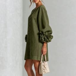 3D Flower Cuff Mini Dress Women Round Neck Bubble Long Sleeve Buttons Loose Solid Dress Elegant Wedding Guest Casual Short Dress