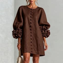 3D Flower Cuff Mini Dress Women Round Neck Bubble Long Sleeve Buttons Loose Solid Dress Elegant Wedding Guest Casual Short Dress