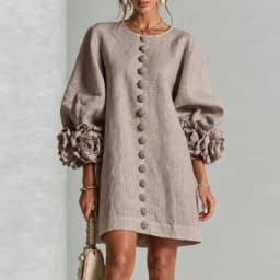 3D Flower Cuff Mini Dress Women Round Neck Bubble Long Sleeve Buttons Loose Solid Dress Elegant Wedding Guest Casual Short Dress