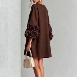 3D Flower Cuff Mini Dress Women Round Neck Bubble Long Sleeve Buttons Loose Solid Dress Elegant Wedding Guest Casual Short Dress
