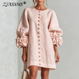 3D Flower Cuff Mini Dress Women Round Neck Bubble Long Sleeve Buttons Loose Solid Dress Elegant Wedding Guest Casual Short Dress