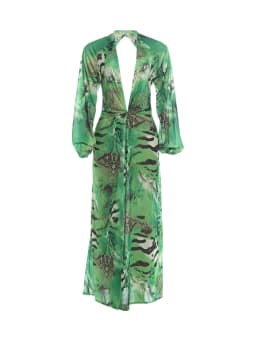 Kliou Sexy Backless Long Dress Woman Tiger Stripe Print Lantern Sleeve Deep V-Neck Vacation Beach Party Elegant Style Vestidos