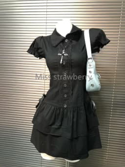Summer Chic Vintage Black Short Sleeve Dress Women High Street Y2k Patchwork Slim Lapel Gothic Dresses Retro Hot Girl Clothing