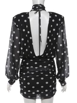 Nibber See Through Mini Dress Woman Turtleneck Mesh Full Sleeve Polka Dot Print Skinny Peach Hip Street Ruched Elegant Bodycon