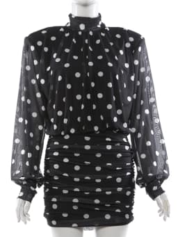 Nibber See Through Mini Dress Woman Turtleneck Mesh Full Sleeve Polka Dot Print Skinny Peach Hip Street Ruched Elegant Bodycon