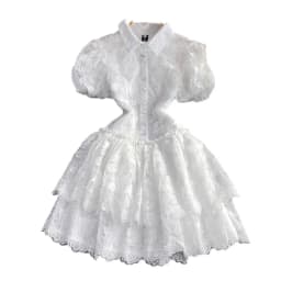 Women Vintage Lace Gown Dress Turn Down Collar Puff Sleeve Mini Dresses Single Breasted Spliced Elegant Vestidos Summer