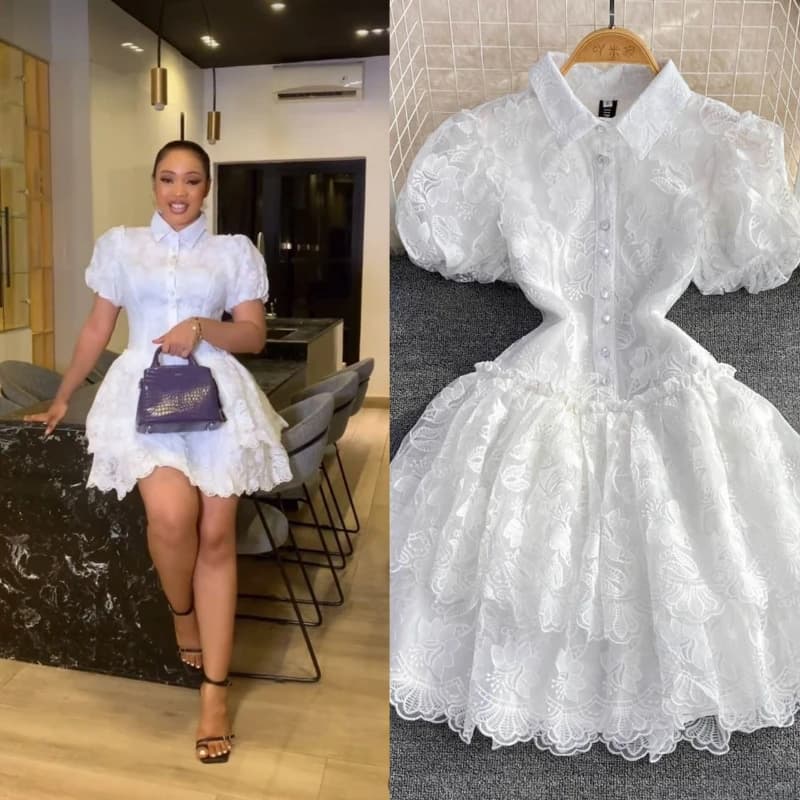 Women Vintage Lace Gown Dress Turn Down Collar Puff Sleeve Mini Dresses Single Breasted Spliced Elegant Vestidos Summer