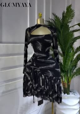 CM.YAYA Women Full Sleeve Print Stacked Ruffles Bodycon Mini Dress Fall Evening Birthday Vacation Party Vestidos Sexy Dresses