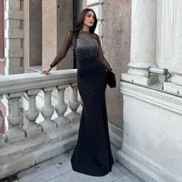 HBLL Elegant Luxury Wedding Mesh See Through Patchwork Prom Formal Long Dress Woman Sexy Black Rhinestone Birthday Evening Robe